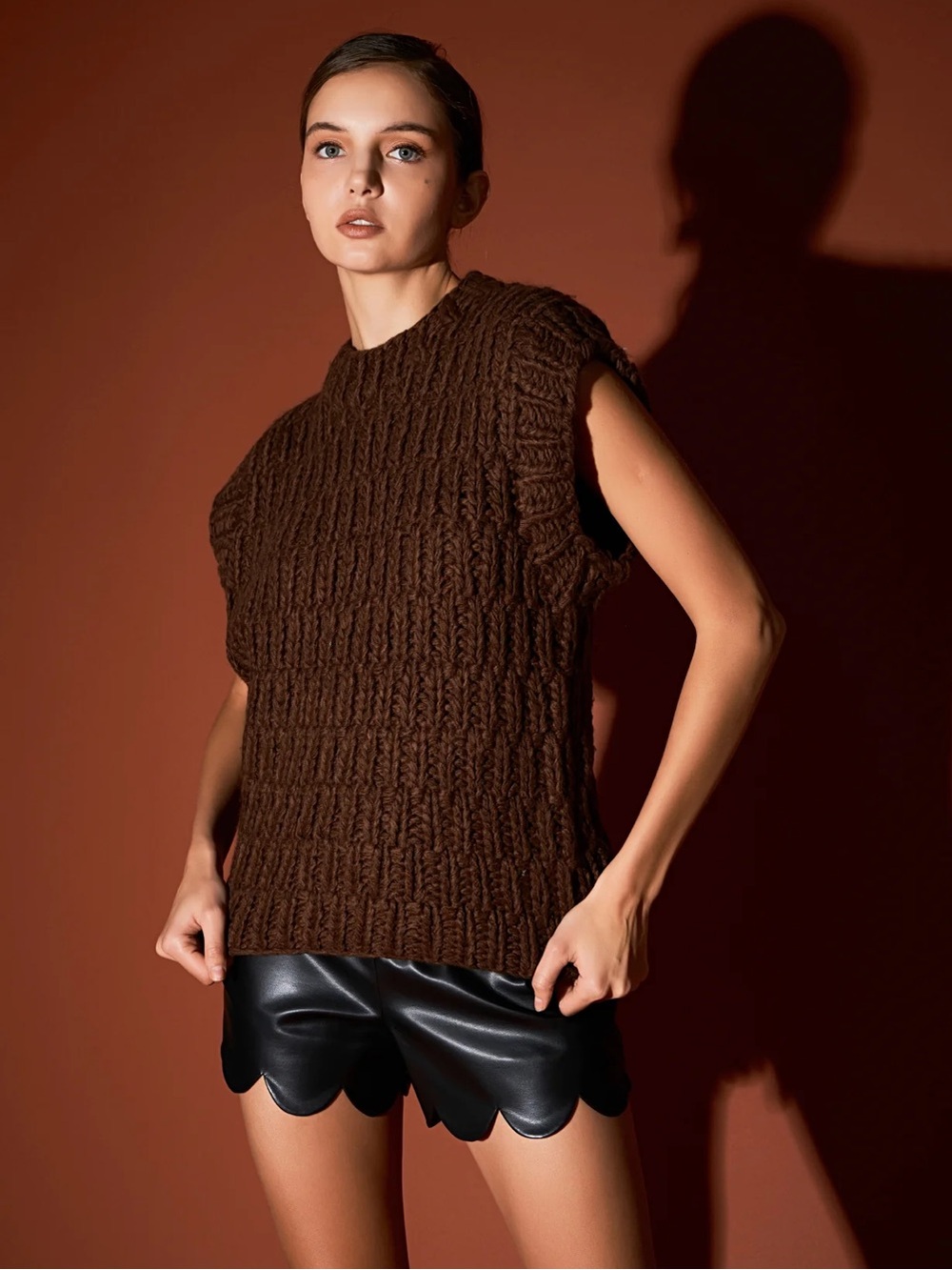 English Factory Chocolate Brown Chunky Knit Sweater Vest Tank NWT